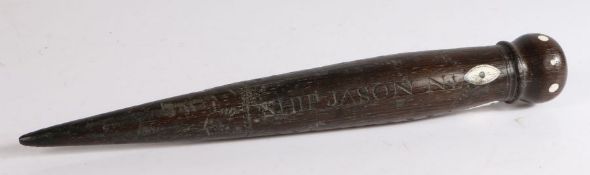 19th Century turned wooden and bone inlaid fid, the body engraved "SUIP JASON N.L, the opposing side