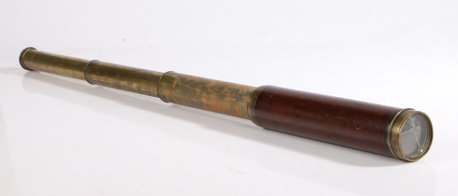 Early 19th Century brass and brown leather mounted three drawer telescope by Dudley Adams, Charing