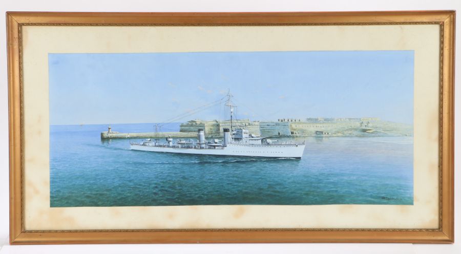 Vincenzo D'Eposito (1886-1949), Portrait of a Royal Navy Destroyer entering Valetta Harbour,