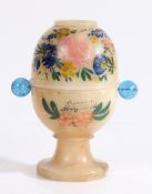 19th Century alabaster peep egg, with foliate painted exterior, the magnified top with three views