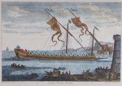 After Claude Randon, coloured print "La galere Patronne a la rame", depicting an ancient galley with