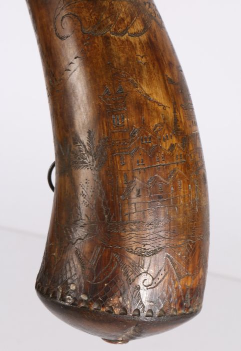 18th Century horn powder flask, the horn body engraved with a crown above two birds heads in profile - Image 2 of 3