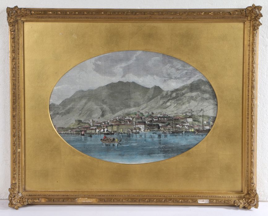 View of Victoria, Hong Kong, coloured print, housed in a gilt oval mount, gilt and glazed frame, the