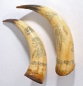 Pair of 19th Century scrimshaw horns, with figural and foliate decoration to include depiction of