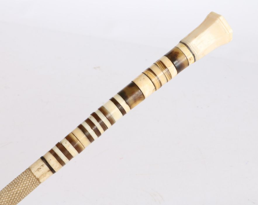 19th Century whalebone and baleen walking stick, the hexagonal tapering cap above a marine ivory and