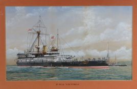 J.T. Banks, H.M.S. Victoria, signed watercolour dated 1894, housed in a white painted glazed