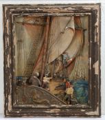 Ship Diorama depicting figures on the deck of a sailing ship with another ship to the distance, 50cm