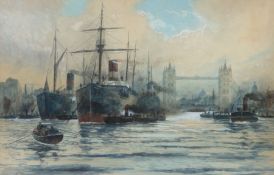 Henry Woods (1846-1921) Docking ships in London signed (lower left) watercolour 50 x 76cm (19 3/4