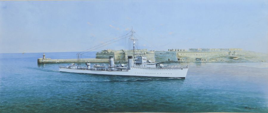 Vincenzo D'Eposito (1886-1949), Portrait of a Royal Navy Destroyer entering Valetta Harbour, - Image 2 of 2