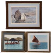 Print depicting a Chinese junk off Hong Kong, together with two photographs depicting figures in a