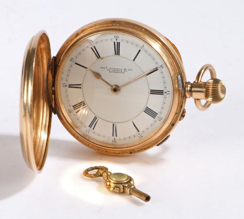 Thos. Russell & Son gold plated hunter pocket watch, the white enamel dial with Roman numerals and