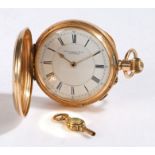Thos. Russell & Son gold plated hunter pocket watch, the white enamel dial with Roman numerals and