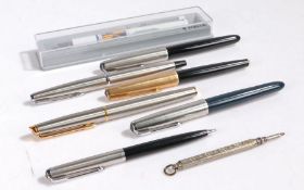 Four various Parker fountain pens, together with a Parker protractable pencil, a Waterman fountain