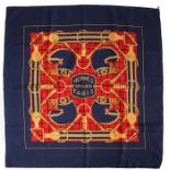 Hermes "Sellier" silk scarf, the navy border with central puce check ground with depictions of