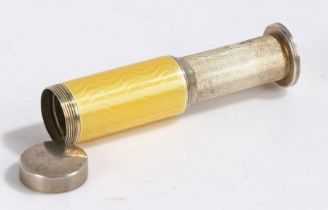 PLI French silver and yellow enamel powder duster, import mark for London 1926, the screw cap