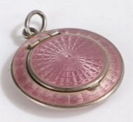 Continental silver and lilac enamel miniature powder compact, of circular form with hanging loop,
