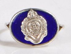 A Regimental silver and blue enamel ring with crest and GR cypher, stamped