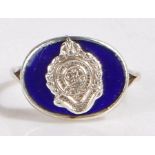 A Regimental silver and blue enamel ring with crest and GR cypher, stamped