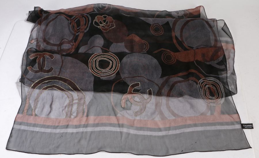 Chanel silk scarf, with sequin embroidered double C, roundel and stylised foliate decoration, 65cm