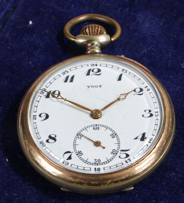 Vogt bi-metal plated open face pocket watch, the signed white dial with Arabic numerals, outer
