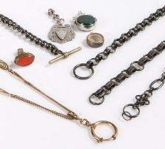 Pocket watch accessories, to include four steel pocket watch chains, gilt metal pocket watch