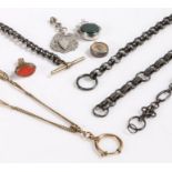 Pocket watch accessories, to include four steel pocket watch chains, gilt metal pocket watch