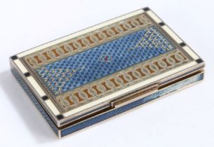 Austrian silver box and cover, of rectangular form with engine turned blue enamel centre flanked
