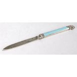 George V silver paper knife, Sheffield 1911, maker I S Greenberg & Co, the sky blue enamel handle