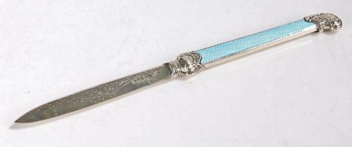 George V silver paper knife, Sheffield 1911, maker I S Greenberg & Co, the sky blue enamel handle