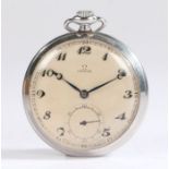 Omega open face pocket watch, the signed silver dial with Arabic markers, outer 24 hour/ minutes