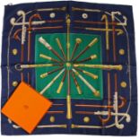 Hermes "Cannes et Pommeaux" silk scarf, designed by Francoise De La Perriere, the blue and green