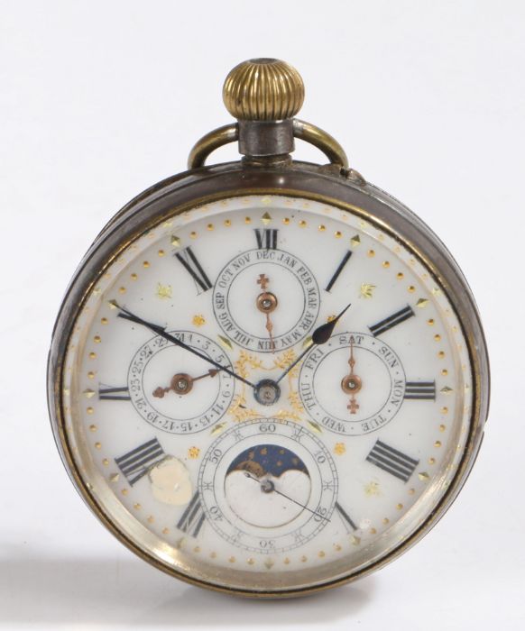 Early 20th Century calendar open face pocket watch, the white dial with Roman numerals and outer