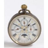 Early 20th Century calendar open face pocket watch, the white dial with Roman numerals and outer