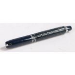 Ulysse Nardin ballpoint pen, the blue cap above a blue leather body, with company emblem to foot