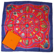 Hermes "Qu importe le flacon..." silk scarf, the blue and red ground decorated with polychrome
