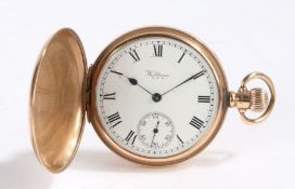 Waltham 9 carat gold hunter pocket watch, the case monogrammed REC, the signed white enamel dial