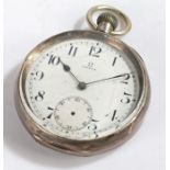 Omega silver open face pocket watch, the signed white dial with Arabic numerals, outer minutes track