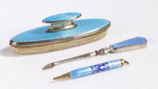 George V silver nail buffer, Birmingham 1927, maker Walker & Hall, with blue engine turned enamel