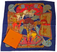 Hermes silk 'Arts Des Steppes' scarf, designed by Annie Favres, with stylised horse design, in