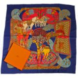 Hermes silk 'Arts Des Steppes' scarf, designed by Annie Favres, with stylised horse design, in