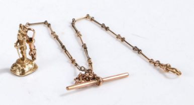 9 carat gold pocket watch chain, formed from elongated oval links, with non-contemporary T bar to