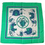 Hermes silk 'Ex-Libris' scarf, designed by Hugo Grygkar, with various carriages, green border,