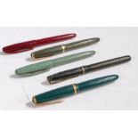 Two Parker Duo-Fold fountain pens, wth 14k nibs; together with three further fountain pens (5)