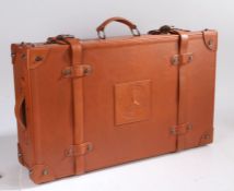 Mercedes Benz "Cognac" brown leather suitcase, the lid with embossed Mercedes Benz logo, the