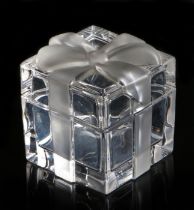 A Tiffany & Co. clear glass trinket box & cover with frosted ribboning and bow, etched mark to base,