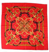 Hermes silk 'Eperon d'Or' scarf, designed by Henri d'Origny, with spurs, snaffles & reins, 88cm x