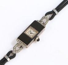 Art Deco silver cocktail watch, the white dial with Arabic numerals, the black rectangular case with