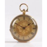 Continental 18 carat gold open face pocket watch, the gilt dial with Roman numerals, outer minutes