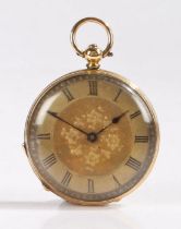 Continental 18 carat gold open face pocket watch, the gilt dial with Roman numerals, outer minutes