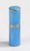 Continental silver and blue enamel perfume bottle holder, the sky blue engine turned exterior with